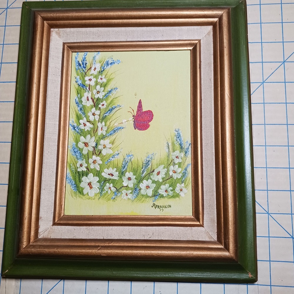 VTG JR Franklin 1977 Original Oil Painting Butterflies Flowers Framed 13x11
